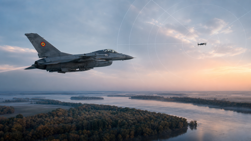 Romanian F-16 intercepting an unidentified drone above the Danube frontier