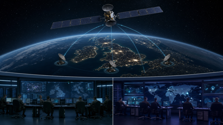 Secure military communications satellite connected to British and allied ground networks