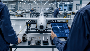 Engineers inspecting unmanned aircraft on a secure production line